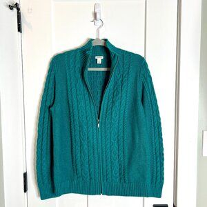 L.L. Bean Teal Cable Knit Full Zip Cardigan Sweater Fishermencore Cabincore L